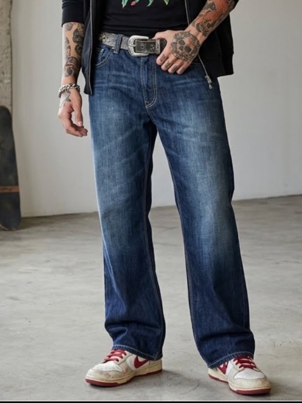 Y2K Ed Hardy Baggy Jeans Flap Pockets Dark Wash Button Fly Skater 38x32 Relaxed